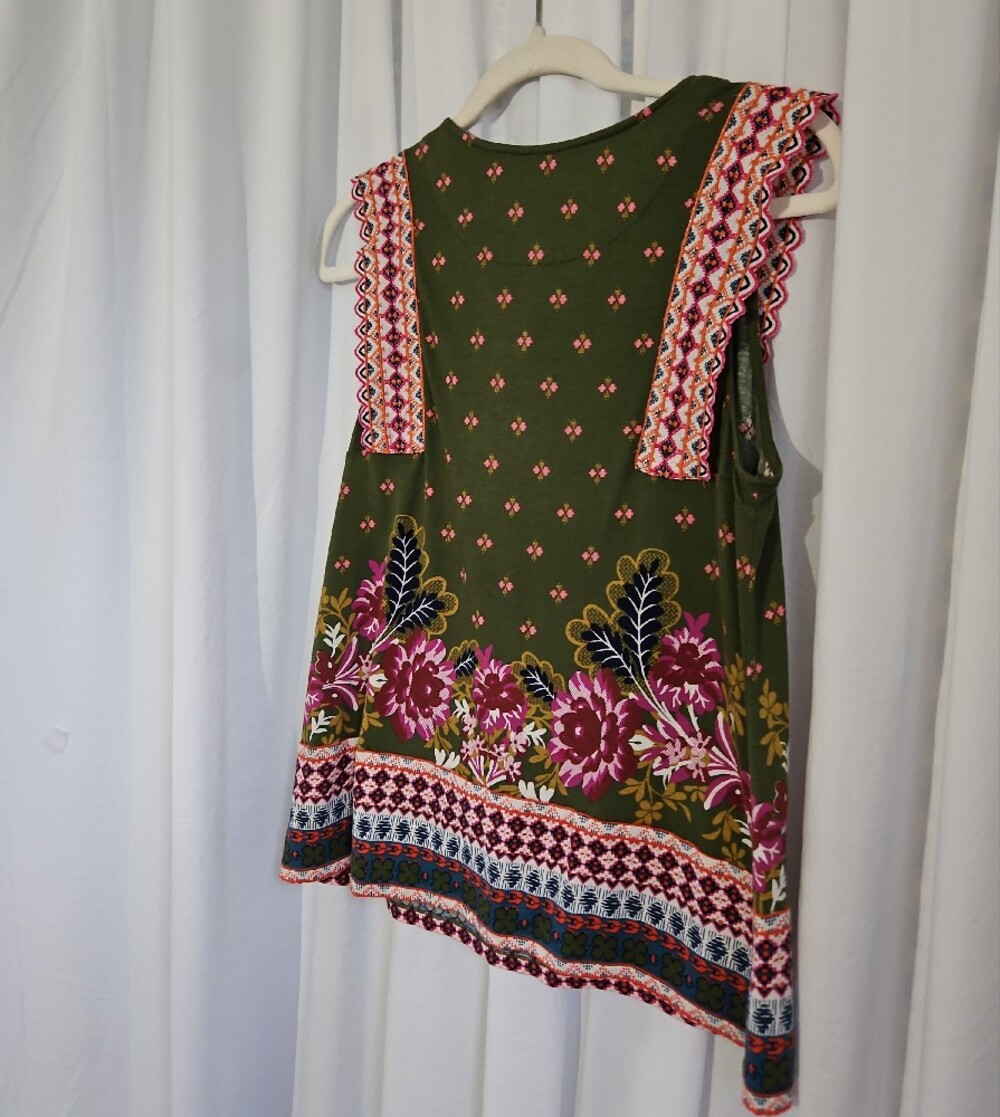 By Anthropologie Olive Floral Tie-Front Sleeveless Tunic - Size Small - Picture 2 of 6